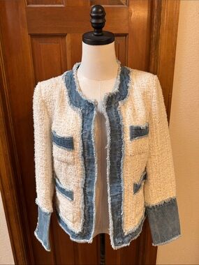 Nanette Lepore White Bouclé Blazer with Blue Denim Trim Size S